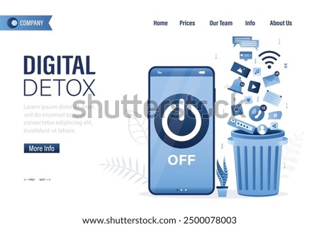 Turn off smartphone and throw social media signs in trash can. Off button on cell phone screen. Digital detox, landing page template. No using mobile phone. Freedom from internet, network. flat vector