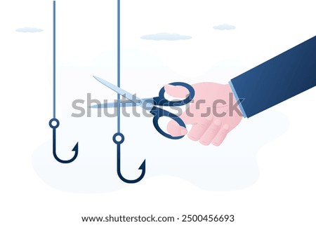 Businessman hand uses scissors and cuts off fishing hooks. Fight against scam and Internet phishing. Smart user does not become victim of scammers and thieves. Bait, deceit. flat vector illustration