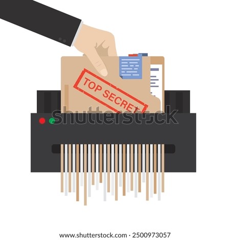 Top secret folder for destruction in shredder machine. Spy or politician hand destroys secret documents in paper shredder. Security, confidential data. Information protection. flat vector illustration