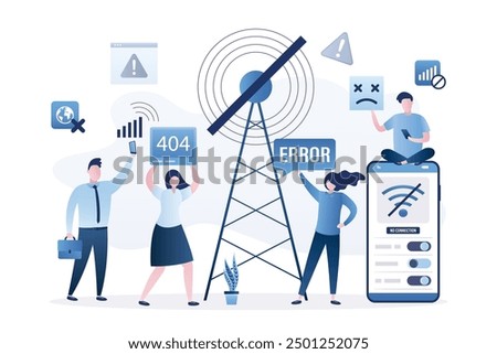 Users without internet connection, wifi unavailable, wi-fi has no internet. Unhappy people using mobile phones offline and confused because no wireless signal. Problems with gsm tower and network.