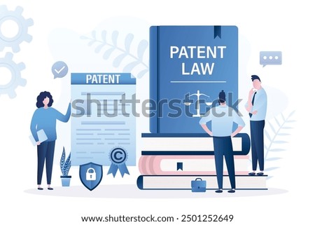 Owner holds patent for new idea or invention. Intellectual property paper document and patent law books. Copyright reserved or product trademark that cannot copy. Lawyer analysis copyright law. vector