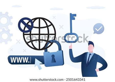 System administrator hold access key. Parental control. Government ban or ISP restrictions. Blocked, prohibited or inappropriate content for kids. Access restrict online. Global network with padlock.