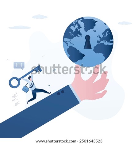 Businessman hand holding globe with keyhole. Entrepreneur running with access key to goal. Mentorship, business coach help improve skills for global investments. World financial market. flat vector