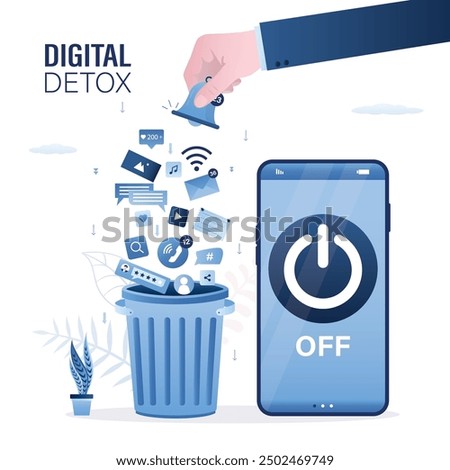 User hand turn off smartphone and throw social media signs in trash can. Off button on cell phone screen. Digital detox concept. No using mobile phone, smart gadget. Freedom from internet, network.