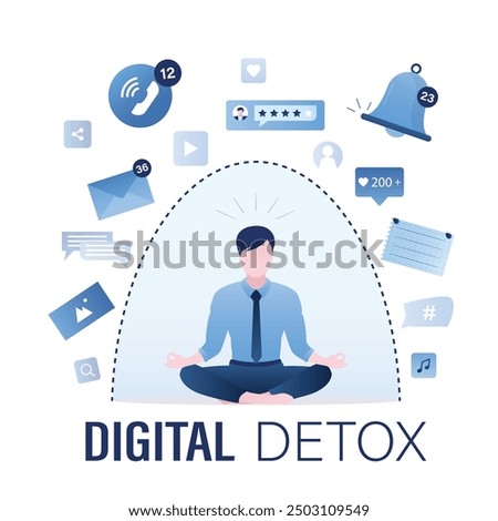 Calm man sitting lotus yoga pose and meditating. Businessman turned off smart gadgets, digital detox. No using mobile phone. Freedom and protection from internet, smartphones and social media. vector