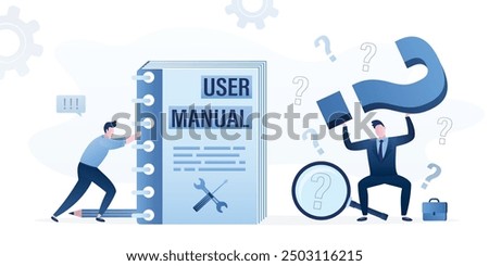 Businessman under pressure of big question mark. Male employee needs help. Support service gives user manual or feedback. Problem solving, brainstorming, faq concept. Overcoming obstacles. flat vector