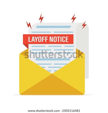 Layoff letter for employee. Firing manager or staff. Economic crisis, staff reduction. Dismissal worker man. Envelope with cancellation contract. Refusal of employment concept. vector illustration