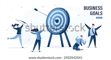 Business goals achievement, concept. Successful completion of tasks or mission, achieving goals, overcoming obstacles. Happy business team celebrating near huge target and arrow in bullseye. vector