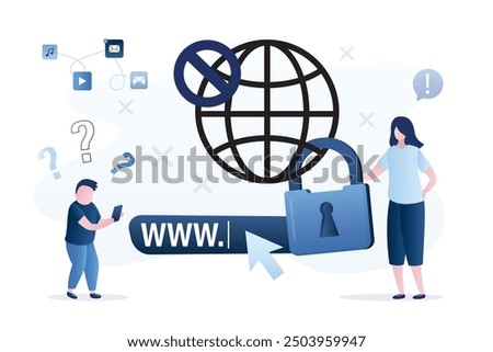 Age restriction of access to social media and websites. Mother puts padlock on global network. Parental control of child access to internet and protecting him from inappropriate content. flat vector 