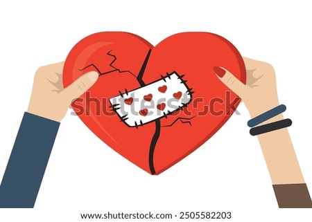 Female and male hands hold red broken heart with sewn patch. Restoration of relations, settlement of family conflict. Reconciliation concept. Cupid couple reconciles, restore love. vector illustration