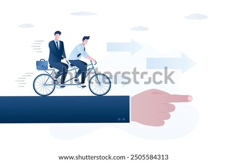 Businessmen steering tandem bike. Co-founders on dual bicycle, new project, startup. Investor or mentor hand helping search right way for business development. Successful teamwork, leadership. vector