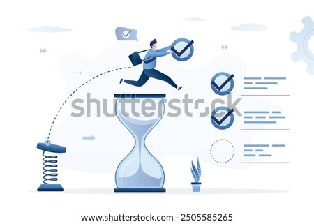 Time management concept. Smart businessman holds checkmark and uses metal spring for jump over sandglass. Successful completion of tasks, big hourglass without deadline. Overcoming business obstacles