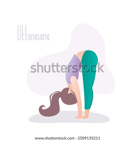 Girl standing in yoga pose, Standing Forward Bend pose or uttanasana asana in hatha yoga, flat vector illustration in trendy style