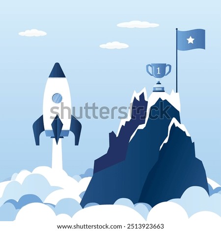 Rocket launch and goal flag with cup on peak mountain in the blue sky, startup and successful business background, trendy style vector illustration