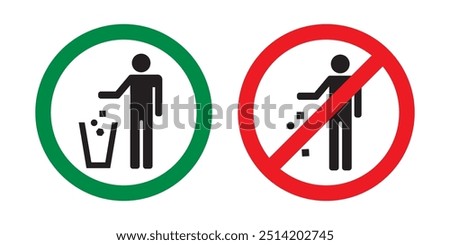 Round sign prohibiting littering. Keep clean icon, sticker or poster. Do not litter sign. Pictogram of man, throwing garbage in bin. flat vector illustration