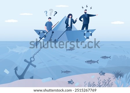 Group of businessmen are sailing on paper boat on ocean. Problem is with moving forward, anchor at bottom prevents company from sailing. Hidden problems, mistakes in business management. flat vector