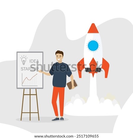 Businessman presenting new startup. Board with signs, male character and take-off spaceship. Start new business project, management and development. flat vector illustration