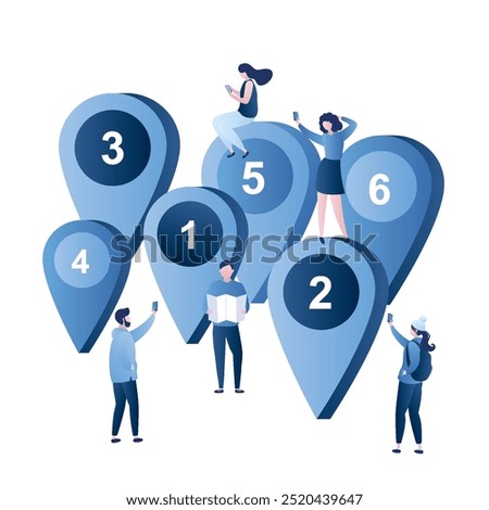 People travellers with smartphones. Big navigation pointers with numbers. Location, searching right direction. Delivery. Vector illustration in trendy style