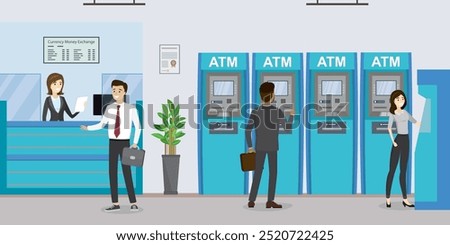 People inside bank, office interior design. Concept with business people at atm and terminal. Offline banking, cartoon bank manager and customers. Flat vector illustration