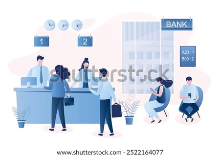 Modern bank office interior. Banking service. Business people waiting line queue. Bank managers and customers characters. Trendy style vector illustration