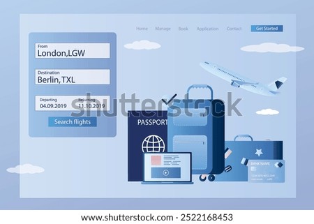 Landing page for online search and book travel ticket, web banner template. Travel time. White airline take off. Luggage, credit card and passport in trendy style, flat vector illustration