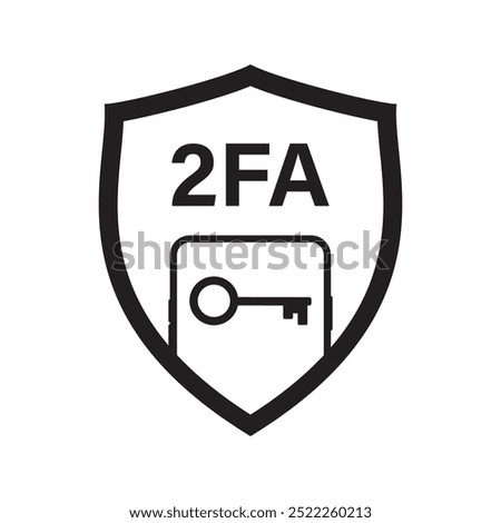 2FA icon, two factor verification password and login for user identity authentication, internet security. mobile phone, secure shield, key. monochrome pictogram. flat vector illustration