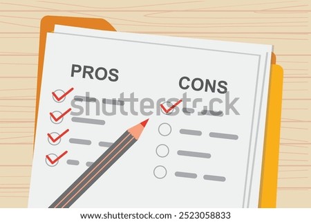 Pros and cons concept of decision making process. Listing positive and negative for a business solution. Folder with paper and pencil. Flat vector illustration