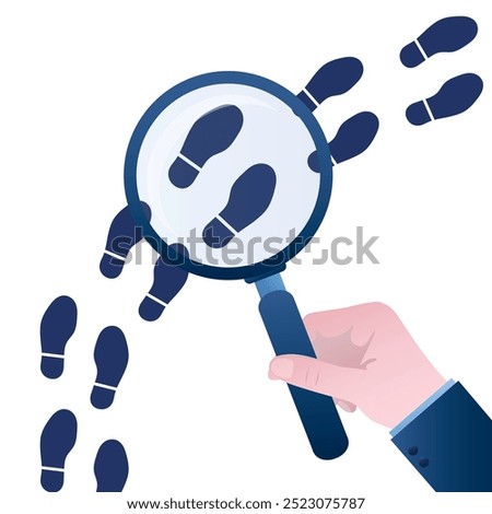 Inspecting or following footsteps concept. Hand holding magnifying glass over footprint symbols. Search right way for development. Business success footprint, surpass with bigger steps or career path.