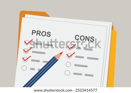 Pros and cons concept of decision making process. Listing positive and negative for a business solution. Folder with paper and pencil. Search for opportunities. Flat vector illustration