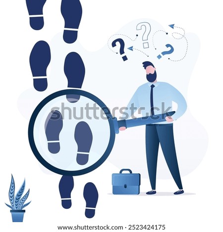 Detective inspecting or following footsteps concept. Businessman holding magnifying glass over footprint symbols. Search right way for development. Business success footprint, career path. flat vector