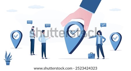 Giant hand carrying huge with location pin. Woman boss change place of company business, relocation. Open new office or shop. Location services as destination. Teamwork. flat vector illustration