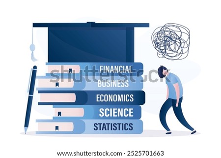 Business woman with mental pressure. Psychological issues with education. Tired student girl with bad mood feel confused from learning. Difficulty with prepare to exam. flat vector illustration