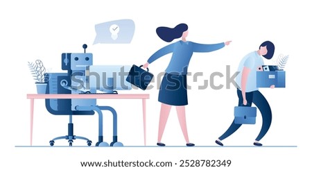 New robot on workplace and businesswoman dismissed woman worker. Boss fire female employee. Business people characters and signs. Artificial intelligence replaced human. Flat vector illustration