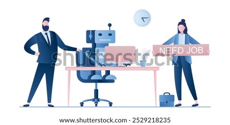 New robot on workplace and businessman dismissed woman worker. Boss fire female employee. Business people characters and signs in trendy style. Artificial intelligence replaced human. flat vector