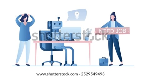 New robot on workplace and dismissed workers. Boss fired female employees. Business people characters and signs in trendy style. Artificial intelligence replaced human. Flat vector illustration