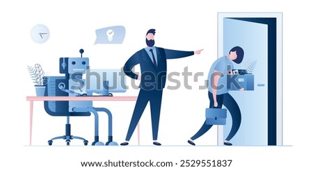 New robot on workplace and businessman dismissed woman worker. Boss fire female employee. Business people characters and signs. Artificial intelligence replaced human. Flat vector illustration