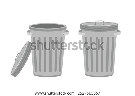 Metal trash can. Garbage cans with open and closed cover. design isolated on white background. Flat vector illustration