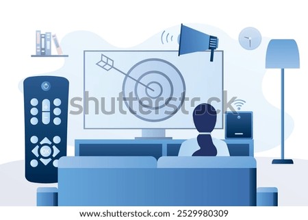 Woman watching targeted TV ads. Addressable TV advertising, new advertising technology. Smart TV box, smart console. Targeting TV marketing concept. Remote control and loudspeaker. Vector illustration