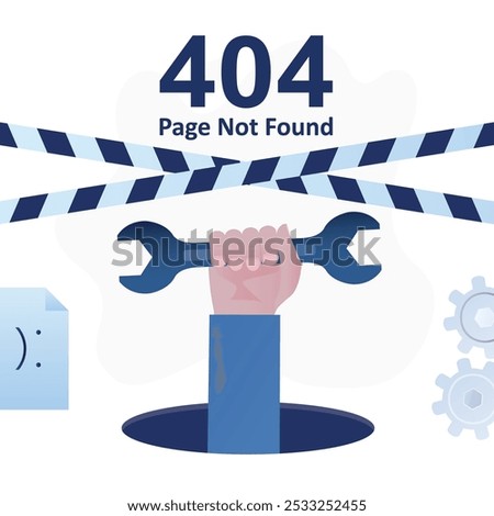 Error 404, page not found. Repairman hand coming out of hole and holding wrench. Internet page repair, website information restoration and update. Wallpaper template. flat vector illustration