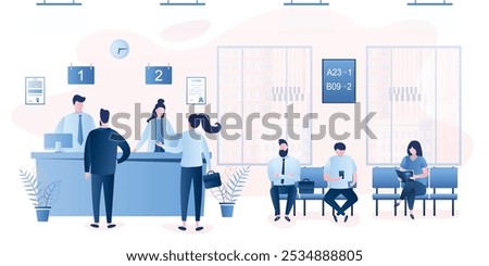 Modern bank office interior. Business people waiting line queue. Bank managers and customers. Male and female characters. Various clients in bank office room. Trendy style vector illustration