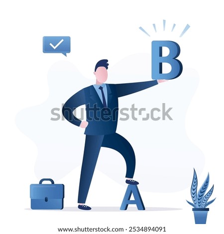 Confident businessman leader present Plan B while standing on old A. Plan B, alternative solution or business strategy plan to have secondary for emergency case, fallback option. vector illustration