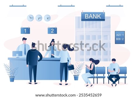 Modern bank office interior. Business people waiting line queue. Bank managers and customers characters. Various clients in bank office room. Offline banking service. Trendy style vector illustration