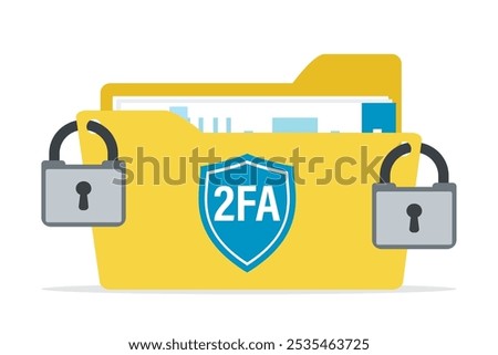 Two factor authentication. Yellow folder with confidential documents. Sensitive data and information. Personal identification 2fa. Data protection. Two padlocks on folder. Files storage. flat vector