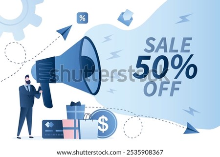 Handsome businessman holding big loudspeaker. Sale promotion campaign. Target marketing and advertising concept. Sale and discount banner template. Place for text. Trendy style vector illistration