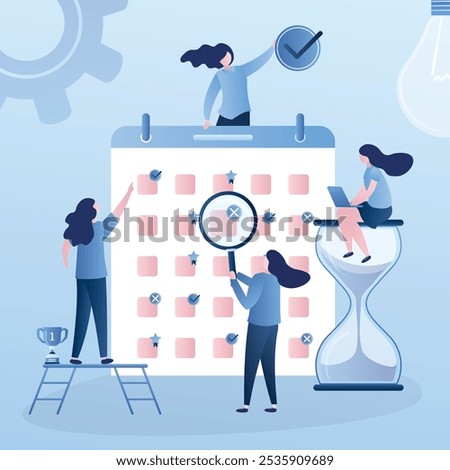 Priorities in work and schedule. Businesswomen, hourglass and big timetable. Time management and teamwork concept. Smart female characters in trendy style. Job well done banner. Vector illustration