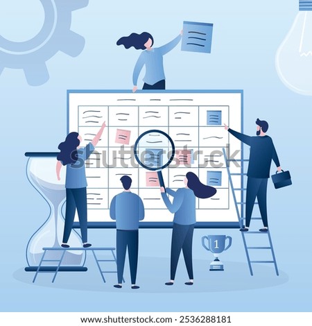 Priorities in work and schedule. Business people, hourglass and big timetable or to-do list. Time management and teamwork concept. Human characters in trendy style. Vector illustration