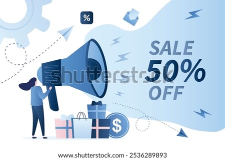 Businesswoman holding and uses big loudspeaker. Sales, promotion campaign. Target marketing and advertising concept. Sale and discount banner template. Place for text. Trendy style vector illistration