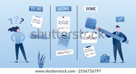 Group of employees adds new notes. Various note stickers and pen. To do list, in progress task and finished one. Project management, business people planning office day. Scheduling, meeting reminders