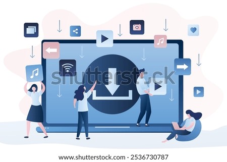 Free download concept background. Banner with upload sign on laptop screen. Torrent data piracy from servers. File transfer and sharing. People characters  in trendy style. Vector illustration