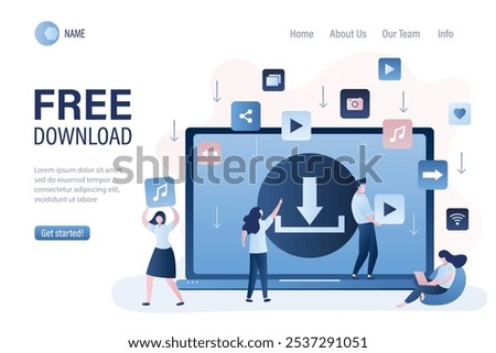 Free download landing page template. Background with upload sign on laptop screen. Torrent data piracy from servers. File transfer and sharing concept banner. Trendy style vector illustration